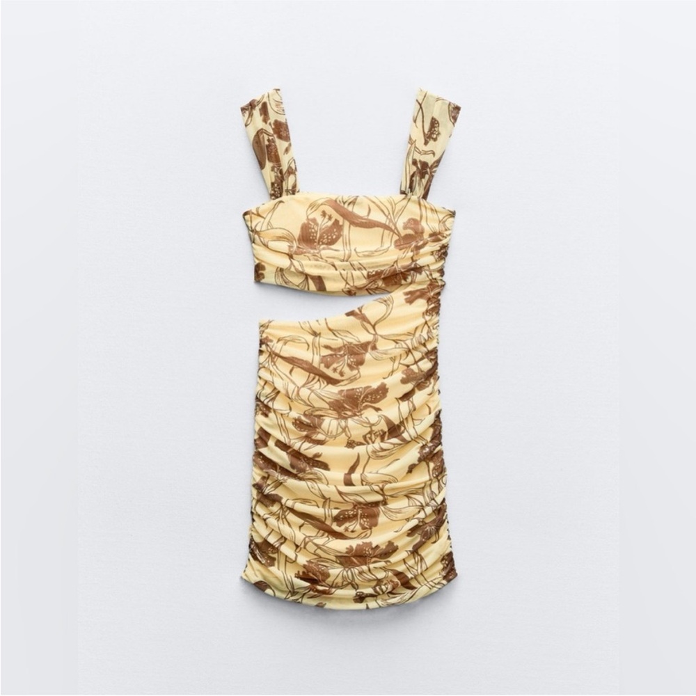 Zara Floral Print Ruched Skirt - Cream and Brown Size M NWT - Picture 4 of 10
